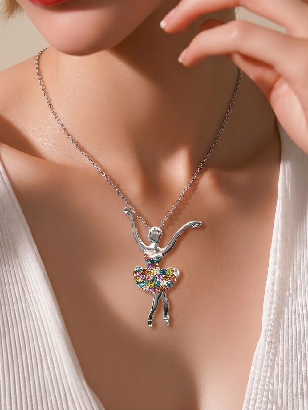 Ballerina Necklace Rhinestone Tutu Pendant Silver Ballet Dancer Jewelry Gift